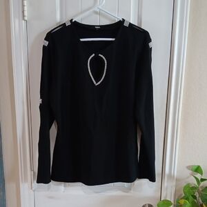 Tesoro MODA Crystal Embellished Blk Cut Out Blouse with Long Sleeves For Evening